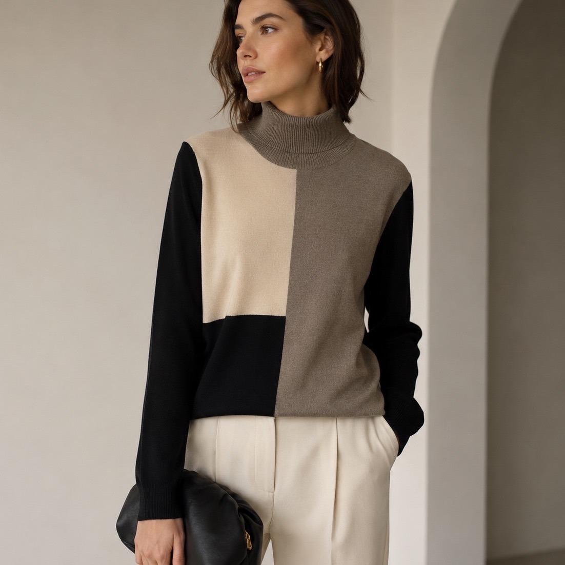 Calvin Klein Womens Colorblock Turtleneck Sweater Grey Black Cream L M9qs3779